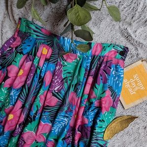 Vintage tropical pleated midi skirt w/ pockets!
